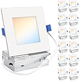 HONZIN Square LED Recessed Lighting 4 Inch, 5CCT Ultra Thin Led Recessed Ceiling Lights 12 Pack, Selectable 2700K/3000K/3500K/4000K/5000K, 9W, IC Rated, Dimmable Square White Trim with Junction Box