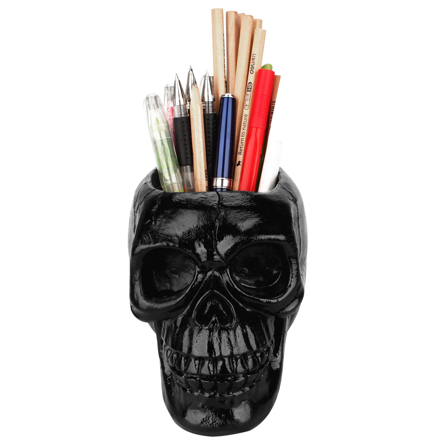 Halloween Skull Head Stationery Holder, Novelty Skeleton Makeup Storage Organizer Pen Cup Holder for Makeup Brushes Halloween Party Home Decoration Pencil Storage Holder Figure