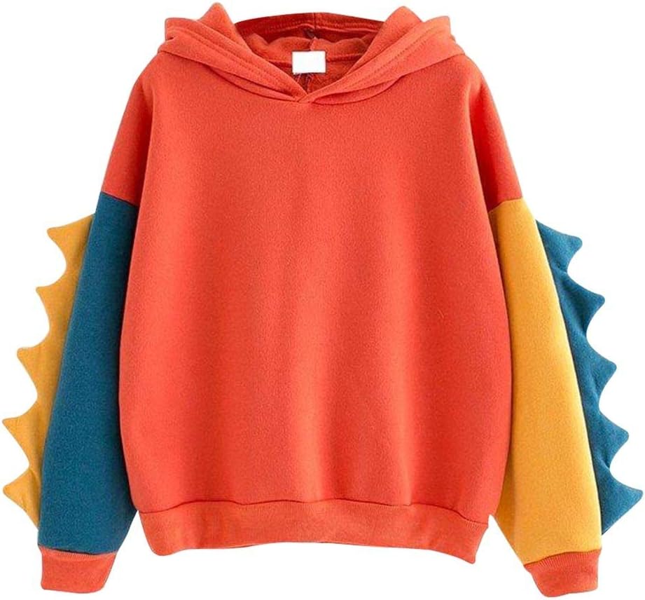 Women Casual Loose Color Block Long Sleeve Dinosaur Hoodies Pullover Tops Hooded Sweatshirt