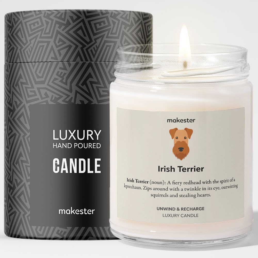 Irish Terrier Gifts - Luxury Soy Wax Candle - Vanilla, Jasmine, Sugared Almond - Makester