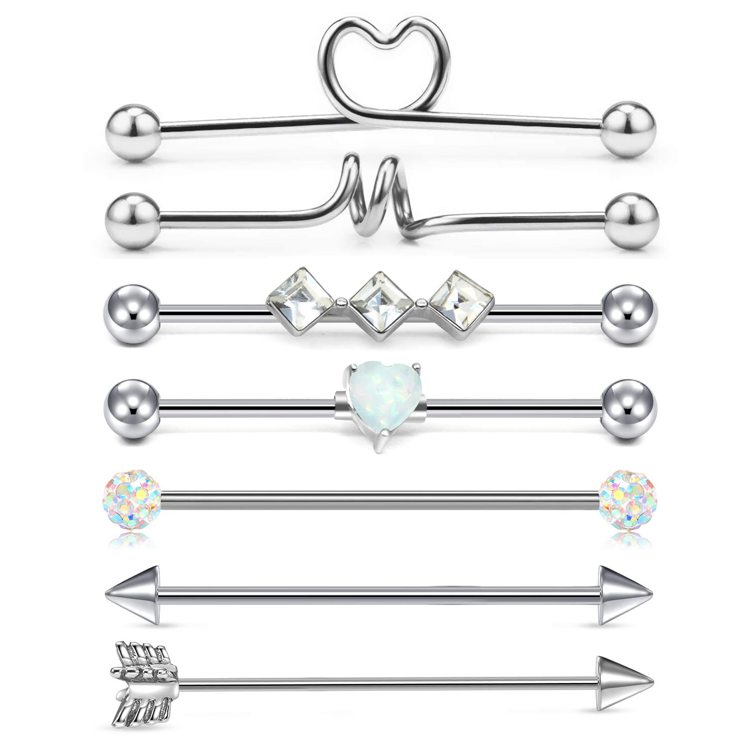 LAURITAMI Piercing Industrial Bars Scaffold 14G 38mm Surgical Steel Helix Cartilage Earrings Barbell Crystal Gem Women Men