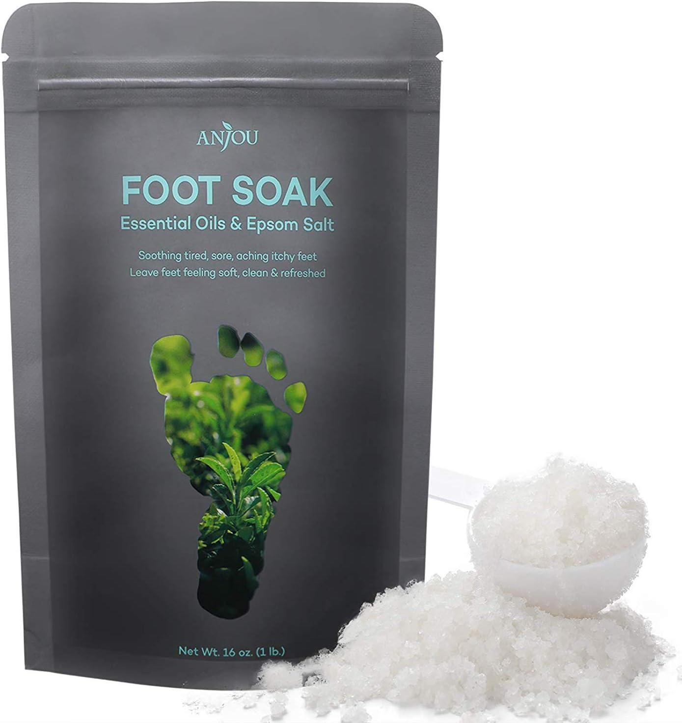 Foot Soak With Tea Tree Oils, Bath Salts Epsom Salts, Dead Sea Salt, Bactericidal for Hard Skin and Tired Feet, GMPC & SGS Tested with a Free Spoon by Anjou, 450g