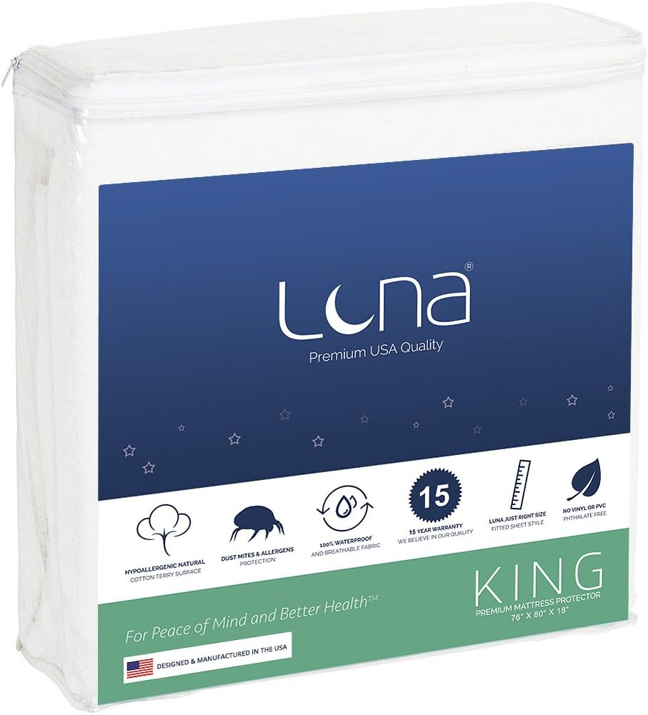 LUNA Queen Size Premium Hypoallergenic Waterproof Mattress Protector - Made in The USA - Vinyl Free: Home & Kitchen