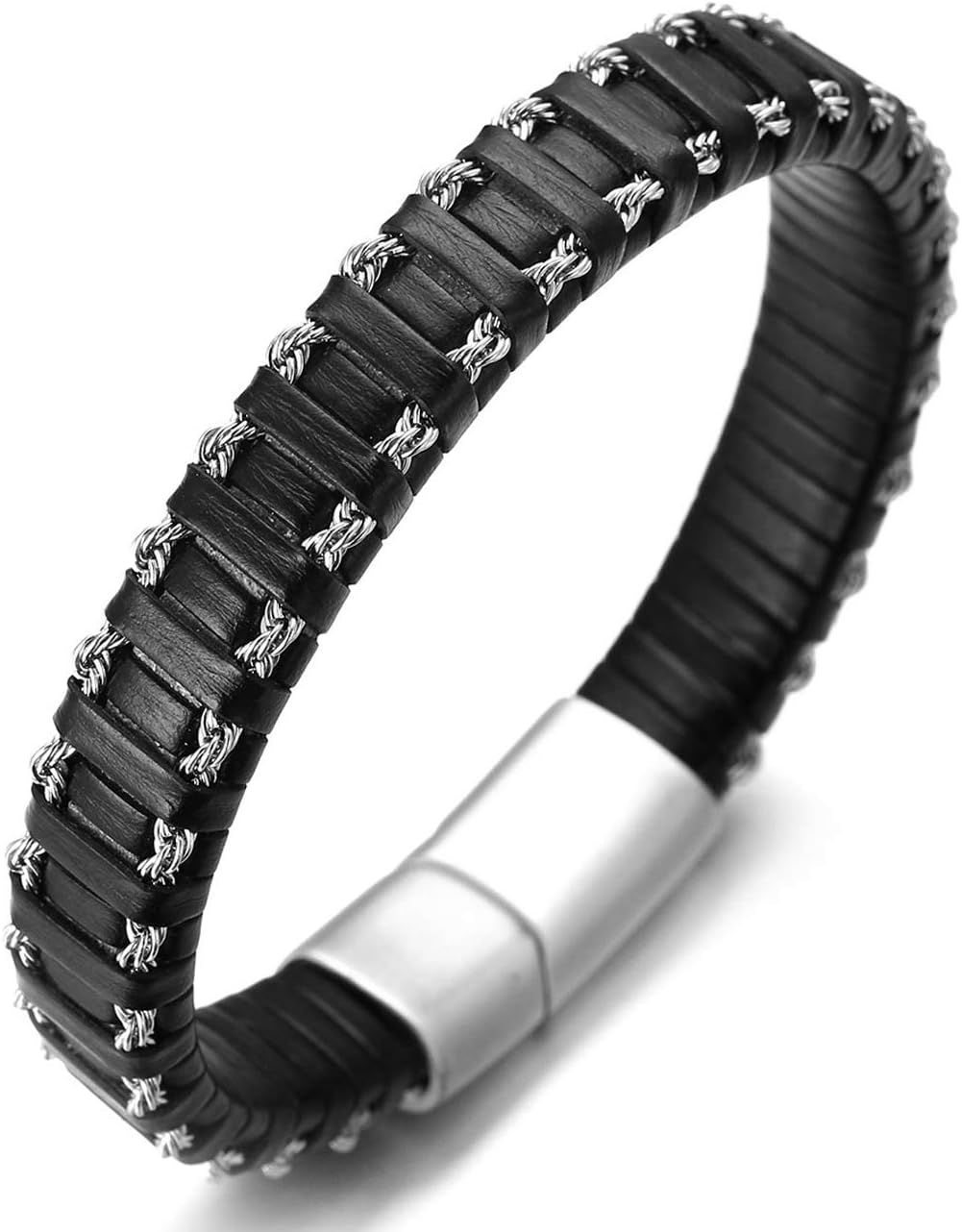 ● Tokyo ● Men's Genuine Leather Black Bracelet Handmade Titanium Rope Chain Inlay Magnetic Clasp 8.5"(21.5cm) with Free Giftbox