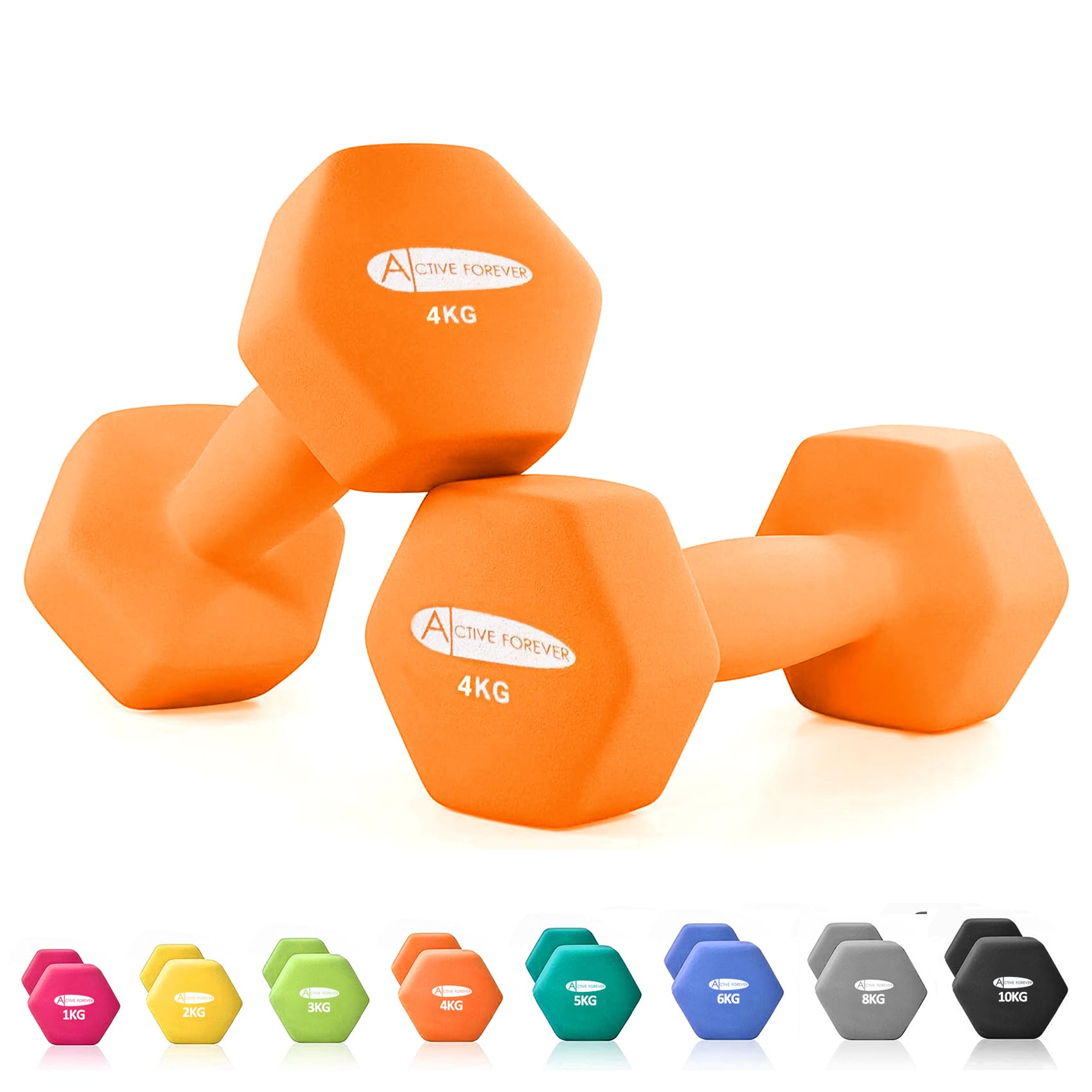 ACTIVE FOREVER Dumbbells 2×4kg, Set of 2, Hex Dumbbells Pair, Neoprene Waterproof Non-slip Dumbells Set (Orange)