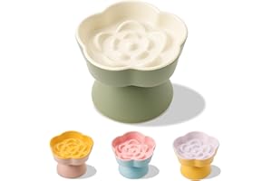 TRUNDISAN Tilted Cat Bowl, Flower-Shaped Ceramic Slow Feeder Cat Bowl, Raised Pet Bowl for Whisker Relief, Prevents Vomiting & Bloating, Non-Slip Base, Easy to Clean for Dry/Wet Food (Cream & Mint Green)