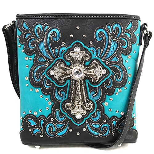 Justin West Bling Gleam Rhinestone Cross Floral Messenger Bag Purse with Long Cross Body Strap (Turquoise Messenger Only)