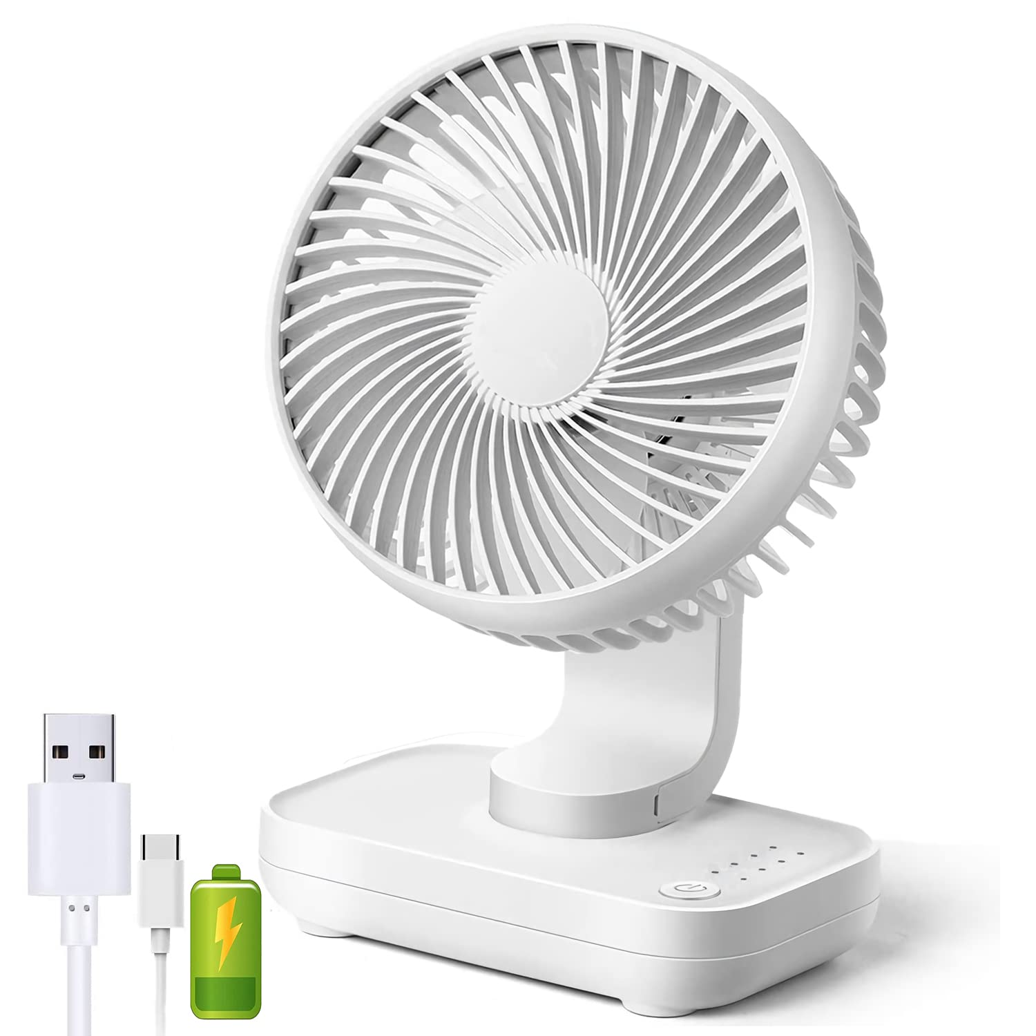 Panlom USB Desk Fan 5.4" Inch 4 Speeds Cooling Quiet Operation 90° Variable Tilt Wireless Small Rechargeable Table Fan Perfect for Bedroom Office (White)
