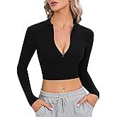 CLOZOZ Long Sleeve Crop Tops for Women Mock Turtleneck Zip Up Sexy Fitted Cropped Shirts Trendy