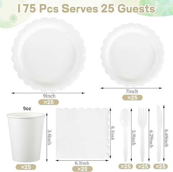 175 PC DISPOSABLE CHRISTMAS PLATES AND NAPKINS SET | IVORY PLATES GREEN TRIM | CHRISTMAS PLATES, HOLIDAY NAPKINS, SILVERWARE | CHRISTMAS DISPOSABLE DINNERWARE (25 GUESTS)