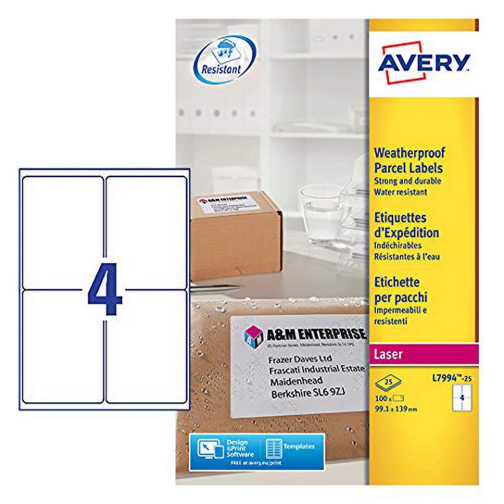 AVERYPrintable, customisable Weatherproof/ Waterproof, Parcel Mailing Labels, Laser Printers, L7994-25, White, 4 Per A4 sheet