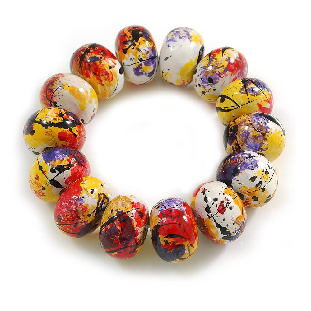 Avalaya Chunky Wooden Bead Colour Fusion Flex Bracelet (White/Red/Black/Yellow/Purple) - M/L
