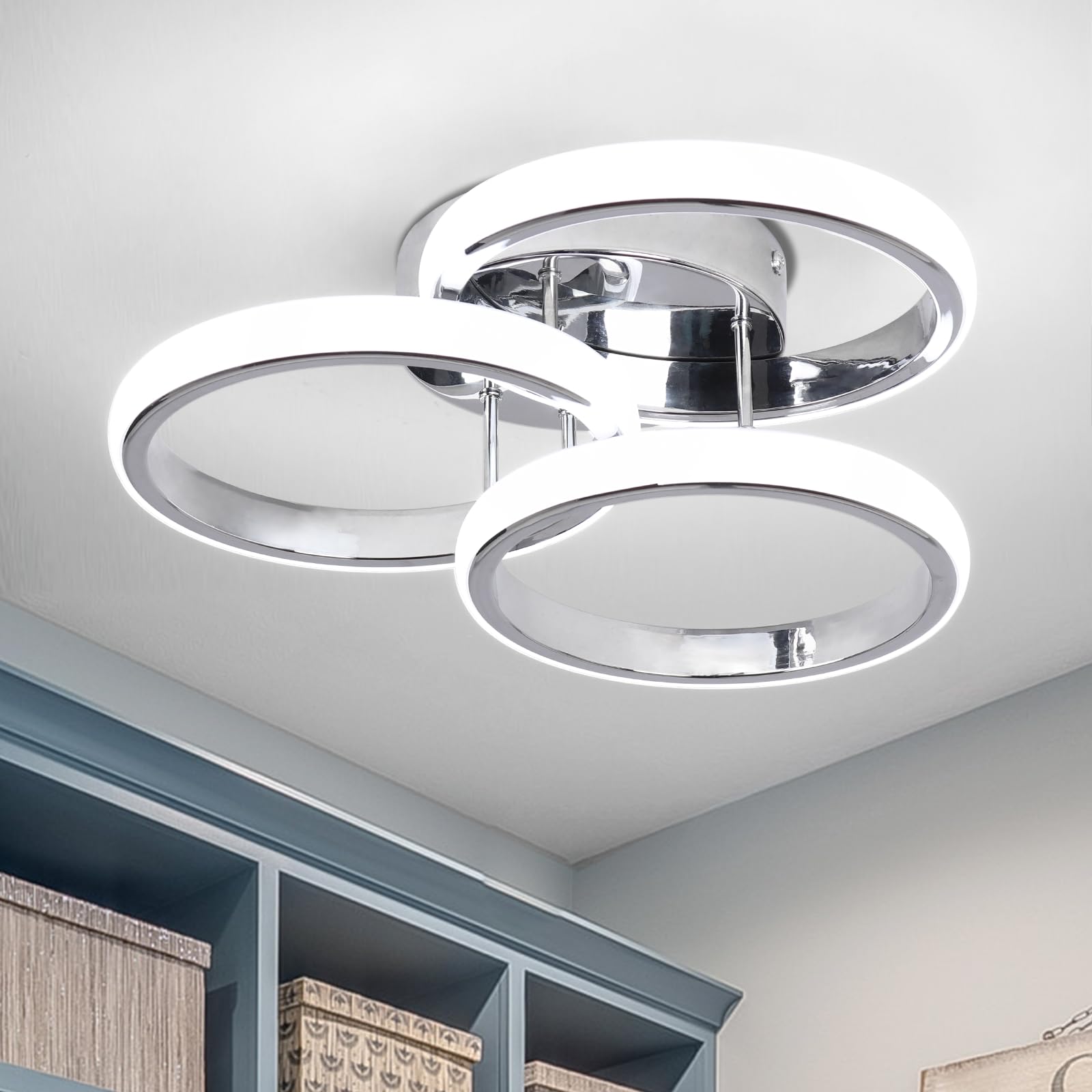 EIDISUNY LED Ceiling Light Modern 36W 3 Circle Silver LED Ceiling Lights Fixture for Hallway Office Bedroom Kitchen Dining Room Living Room Lamp - Silver, Cool White Light 6000K