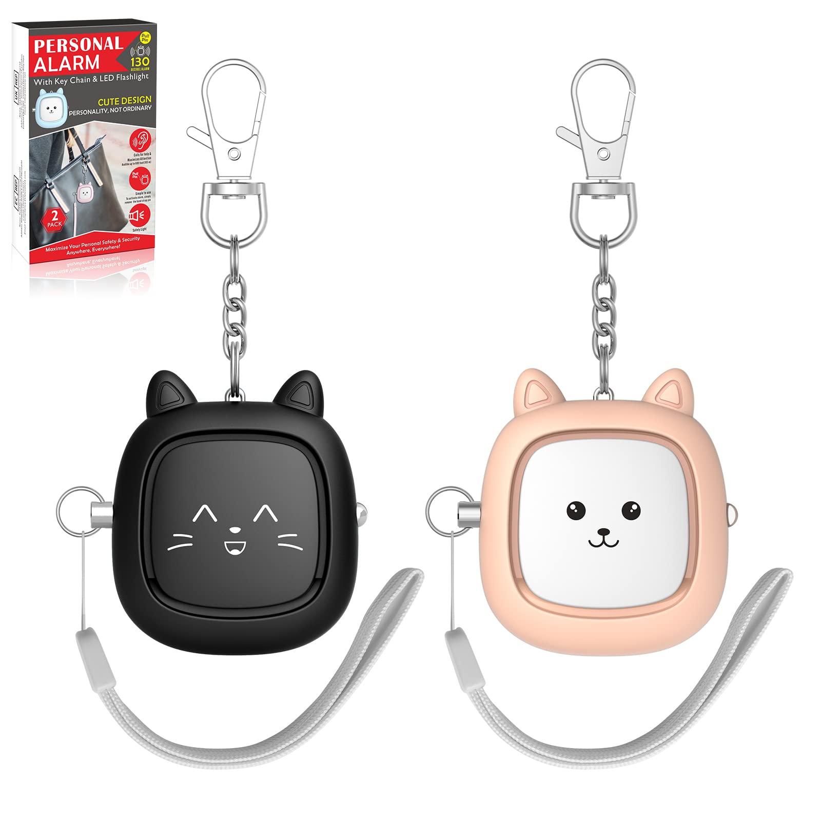 Personal Alarm, 2 Pack 130 dB Reusable Loud Siren Song Emergency Self-Defense Security Alarm Keychain with LED Light, Small Personal Sound Safety Alarm for Women, Men, Kids, Elderly