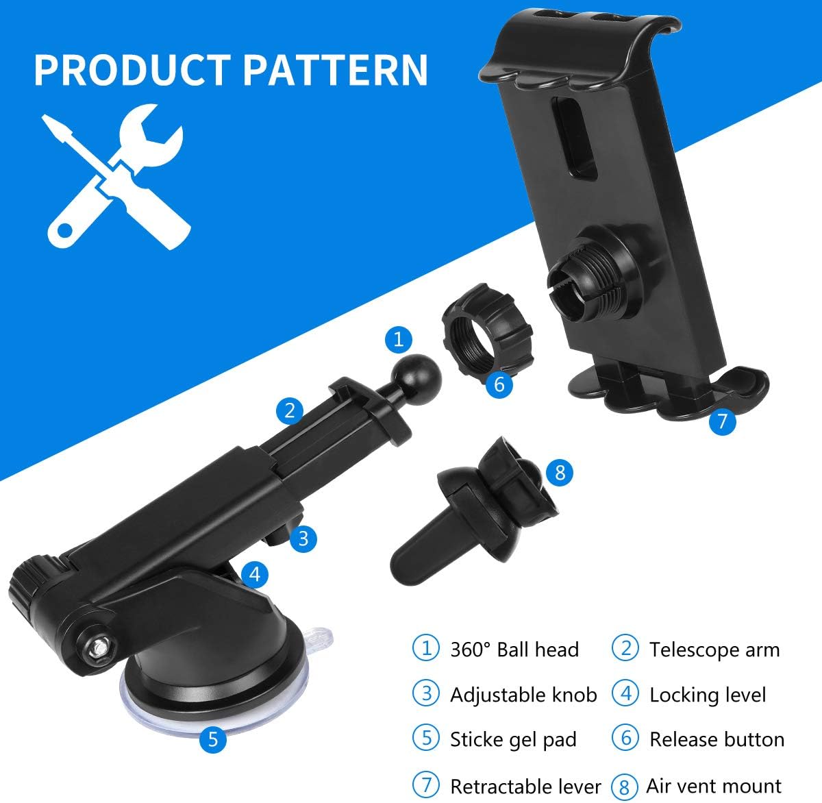 Car Tablet Mount for Windshield Window & Air Vent, 7"-10.5" Tablet Holder, 4.5"-6.5" Phone Mount, Compatible iPad Pro 10.5/Air/Mini/iPhone Xs/XS MAX/XR/X/8/8Plus/7/7Plus, Galaxy S7/S8/S10 etc (Black)