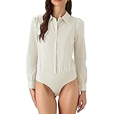 Allegra K Work Body Suits for Women Office Button Down Shirt Collared Long Sleeves Bodysuit Top