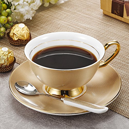 Panbado 3Pcs Bone China Tea Cup and Saucer Set with Spoon, 200 ml/6.8 oz, Golden Grid - Thumbnail 5