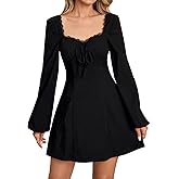 EYNMIN 2025 Fall Long Sleeve Mini Dress Lace Sweetheart Neckline Tie A Line Cute Casual Short Party Dresses for Women
