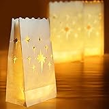 Homemory 24 PCS White Luminary Bags, Flame Resistant Candle Bags, Stars Design Luminaries for Wedding, Halloween, Thanksgivin