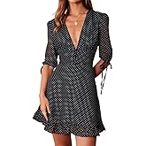 RIHOAS Women's Black Polka Dot Mini Dress - Deep V Neck High Waisted A-Line Dress with Ruched & Flounce