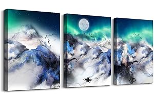 TTHYUEWS Canvas Wall Art For Living Room Farmhouse Wall Decor Art For Bedroom Office Wall Decoration Abstract Mountain Wall Pictures Blue Auroral Scenery Paintings Prints Artwork Home Decor 3 Piece