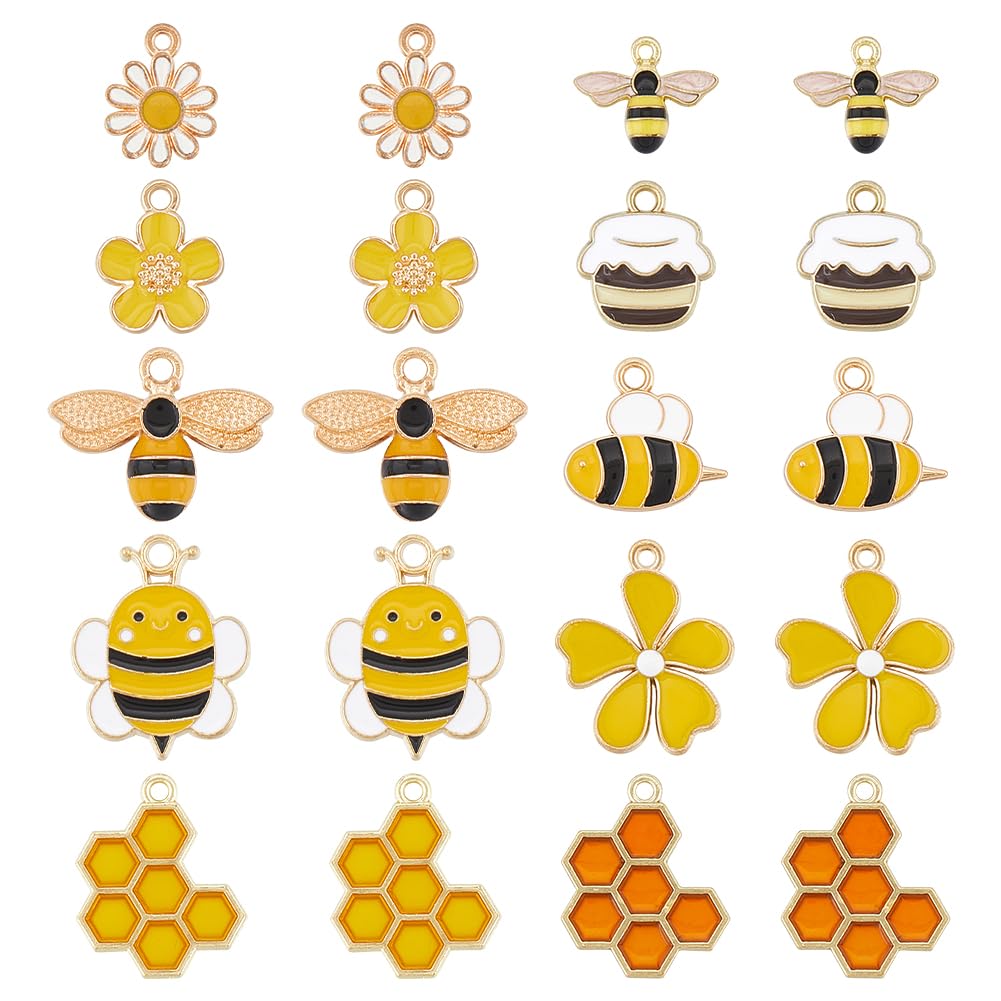 SUNNYCLUE 40PCS 10 STYLES Enamel Bee Charms Honey Charms Metal Alloy Insect Honeybee Yellow Golden Cute Beesflower Spring Charm Bulk for jewellery Making Charms Diy Earrings Bracelet Necklace Craft
