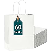 Bakepacker 60-Pack Small Size Gift Paper Bags with Handles Bulk 8.3"x6"x3.16" White Party Kraft Shopping Bags