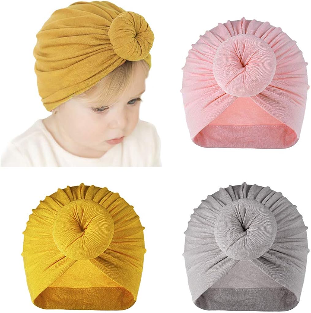 Lot De 3 Bonnets Bébé En Coton 0-3 Mois - Turban élastique Avec Nœud Papillon, Doux Et Respirant