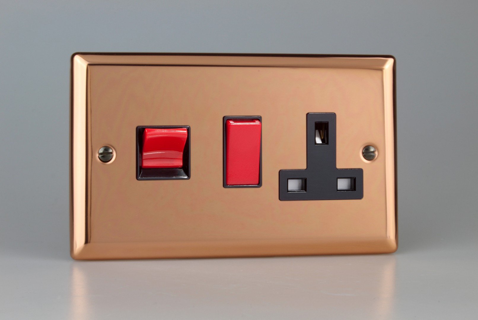 Varilight 45A Cooker Panel with 13A Double Pole Switched Socket Outlet (Red Rocker) Polished Copper