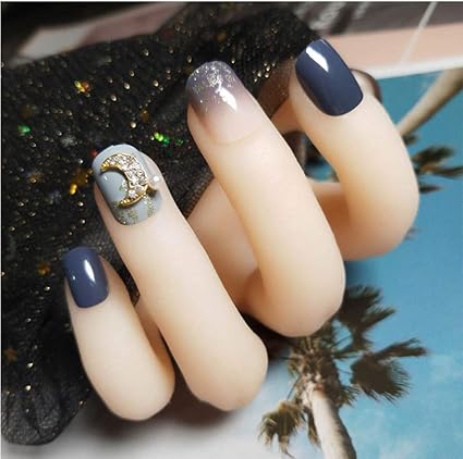Srtyh Puntas De Unas Lindo Diseno De Decoracion De Luna Azul Oscuro Herramientas Completas De Arte De Unas 24piezas Juego De Unas Cortas Acrilico Unas Postizas Amazon Es Belleza