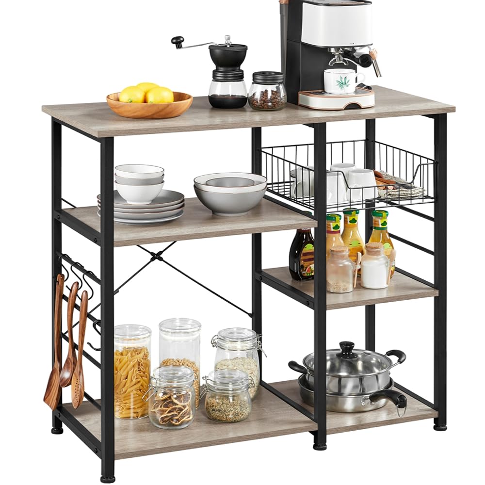 Yaheetech Kitchen Bakers Rack with Wire Basket, Coffee Bar Table Station Microwave Oven Stand Kitchen Utility Storage Shelf with 6 S-Shaped Side Hooks, Metal Frame, 15''D x 35.5''W x 33''H, Gray Image Yaheetech Kitchen Bakers Rack with Wire Basket, Coffee Bar Table Station Microwave Oven Stand Kitchen Utility Storage Shelf with 6 S-Shaped Side Hooks, Metal Frame, 15''D x 35.5''W x 33''H, Gray Image