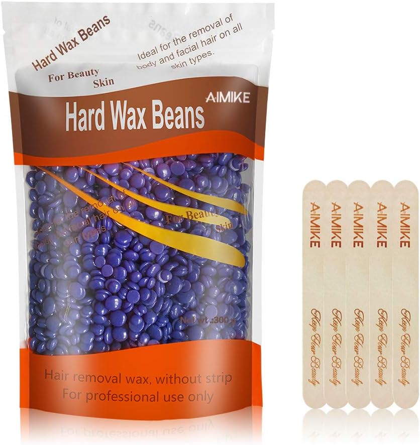 Aimike Hard Wax Beans, Smooth Facial and Body Hair Removal Wax, Solid Depilatory Wax, 10.5 Ounces Bag, with Wooden Spatula