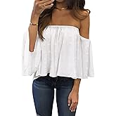 Bluetime Women Summer Off Shoulder Chiffon Blouse Ruffles Short Sleeves Tops Casual T Shirt