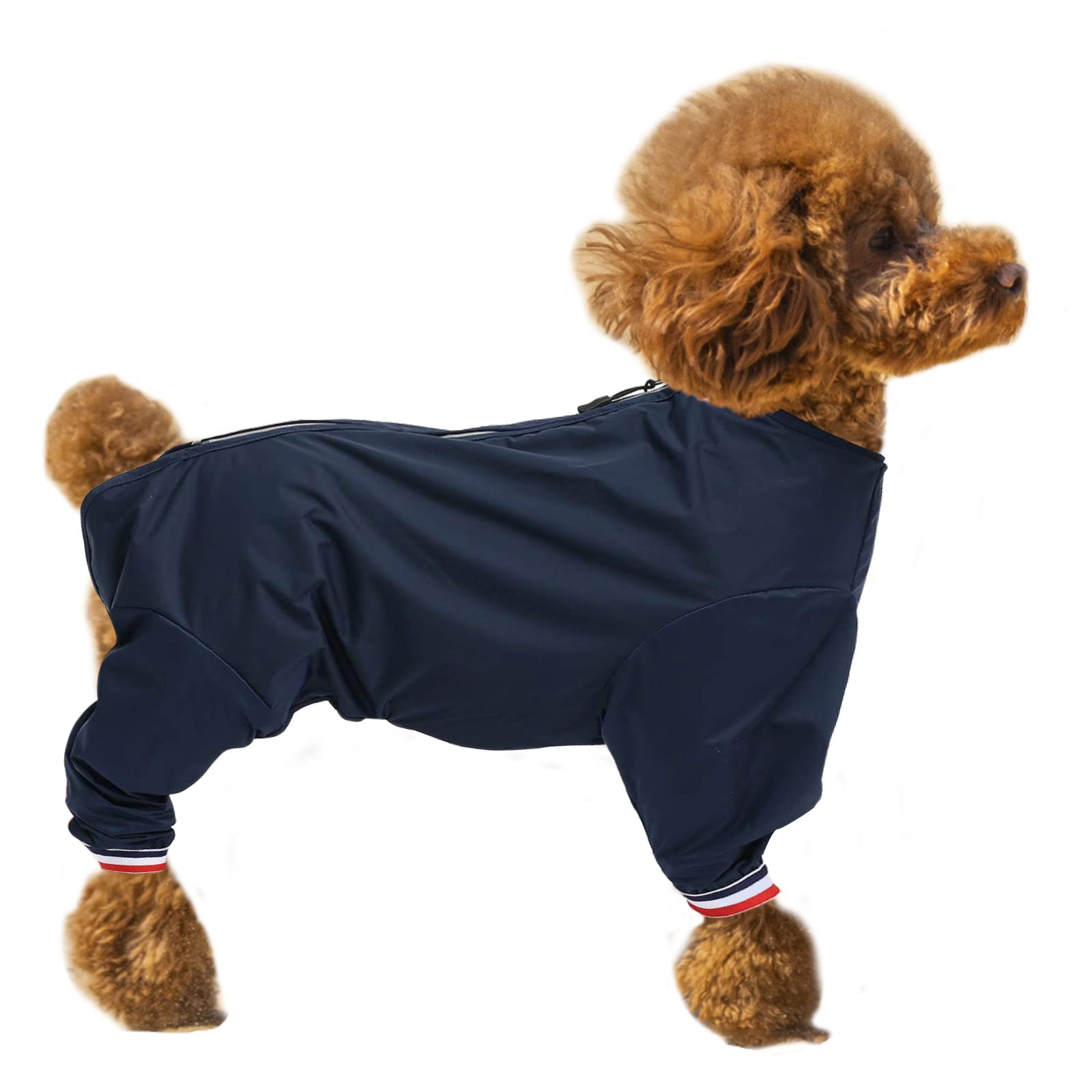 Dog full body raincoat, Dogs coats with legs, lightweight waterproof jacket, zipper closure, puppy jumpsuit with leash hole and reflective strip safety - Navy - XL — image 1