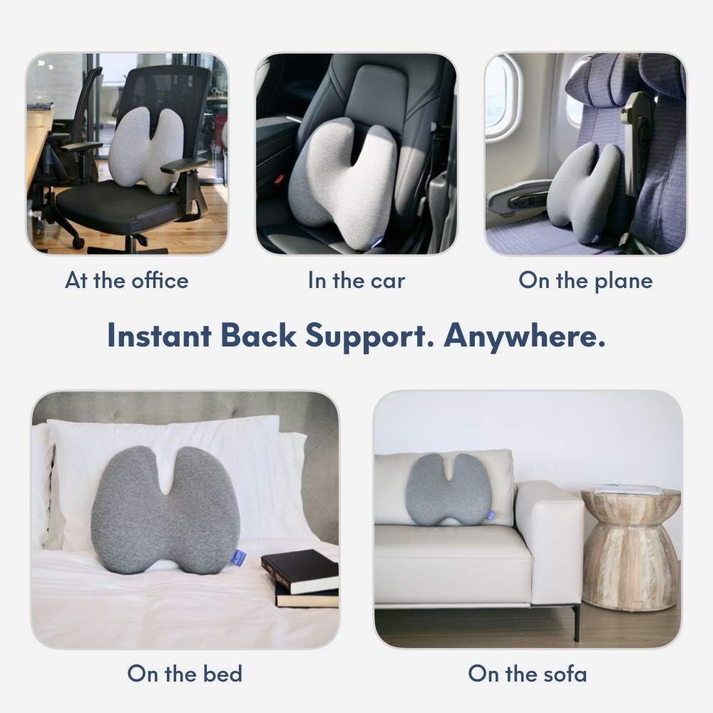 Cushion Lab Extra Dense Lumbar Pillow - Patented Ergonomic Multi-Region Firm Back Support for Lower Back Pain Relief - Lumbar Support Cushion w/Strap for Office Chair, Car, Sofa, Plane - Grey: Home & Kitchen