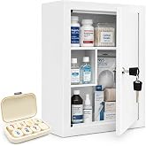 Metal Locking Wall-mounted Medicine Cabinet, Bathroom Medicine Cabinet Organizer with 3 Compartments &amp; 2 Door Storage Bins, First Aid Cabinet for Home Bathroom Office, Weekly Pill Organizer Included