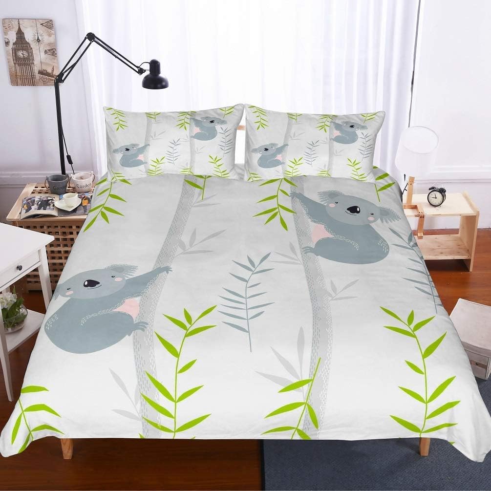 Soefipok Cartoon Koala Duvet Cover Set,3D Pink/Gray Koala Climbing
