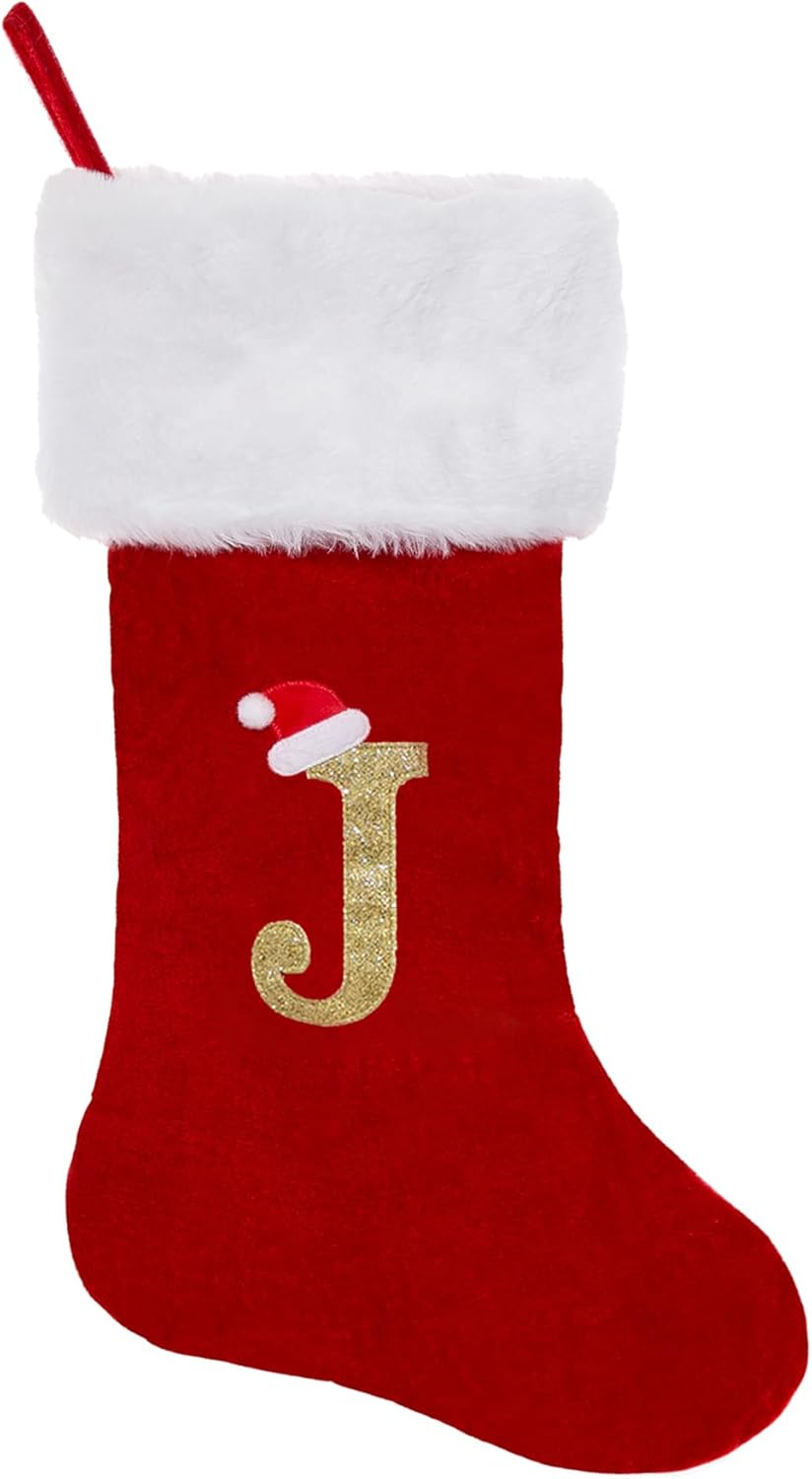 Stockings & Holders - CRSTAFU Personalized Monogram Christmas Stocking, 20 Inches Family Initial Xmas Stockings, Super Soft White Plush Cuff with Deluxe Red Velvet Body and Gold Letter(J)