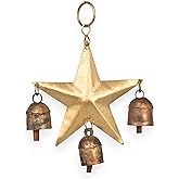 Wind Chime for Outside with 3 Rustic Cow Bells – Gold Metal Hanging Jingle Bell Chime for Yard, Garden, Wall, Outdoor Indoor Home Decor, Christmas Ornament, Boho Farmhouse Decor (Star 7x5)