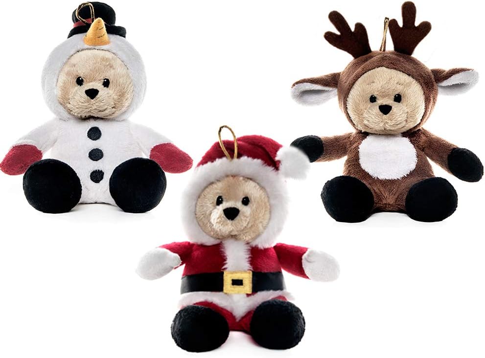 My OLi 7 Inch Christmas Teddy Bears 3 Pack, Santa Reindeer Snowman Plush with Flip-Top Hats, Xmas Tree Hanging Ornaments
