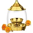 Treo by Milton Arpan Decorative Brass Diya for Puja with Curved Glass Cover, Home Decoration, Oil Akhand Diyas, Mandir Jyoti, Wick Holder Stand, Traditional Gold Lid Lamps