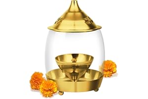 Treo by Milton Arpan Decorative Brass Diya for Puja with Curved Glass Cover, Home Decoration, Oil Akhand Diyas, Mandir Jyoti, Wick Holder Stand, Traditional Gold Lid Lamps