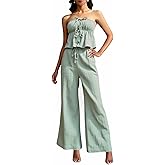 winkbay Women's 2 Piece Beach Vacation Outfits Tie Front Peplum Crop Tube Top and Pants Matching Sets