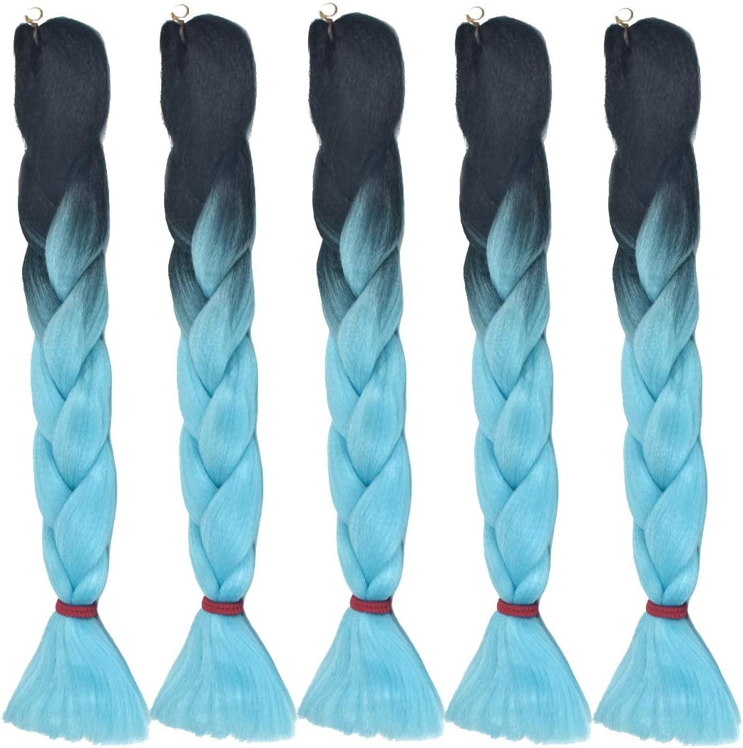 5 Pcs 24'' Two Colors Jumbo Braid Synthetic Hair 100g Kanekalon Hair Braiding Extensions Synthetic Heat Resistant (Black and cyan)