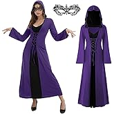 FSUJWOA Womens Halloween Costumes for Adults Medieval Hooded Maxi Dress for Women Fashion Hooded Robe Cosplay