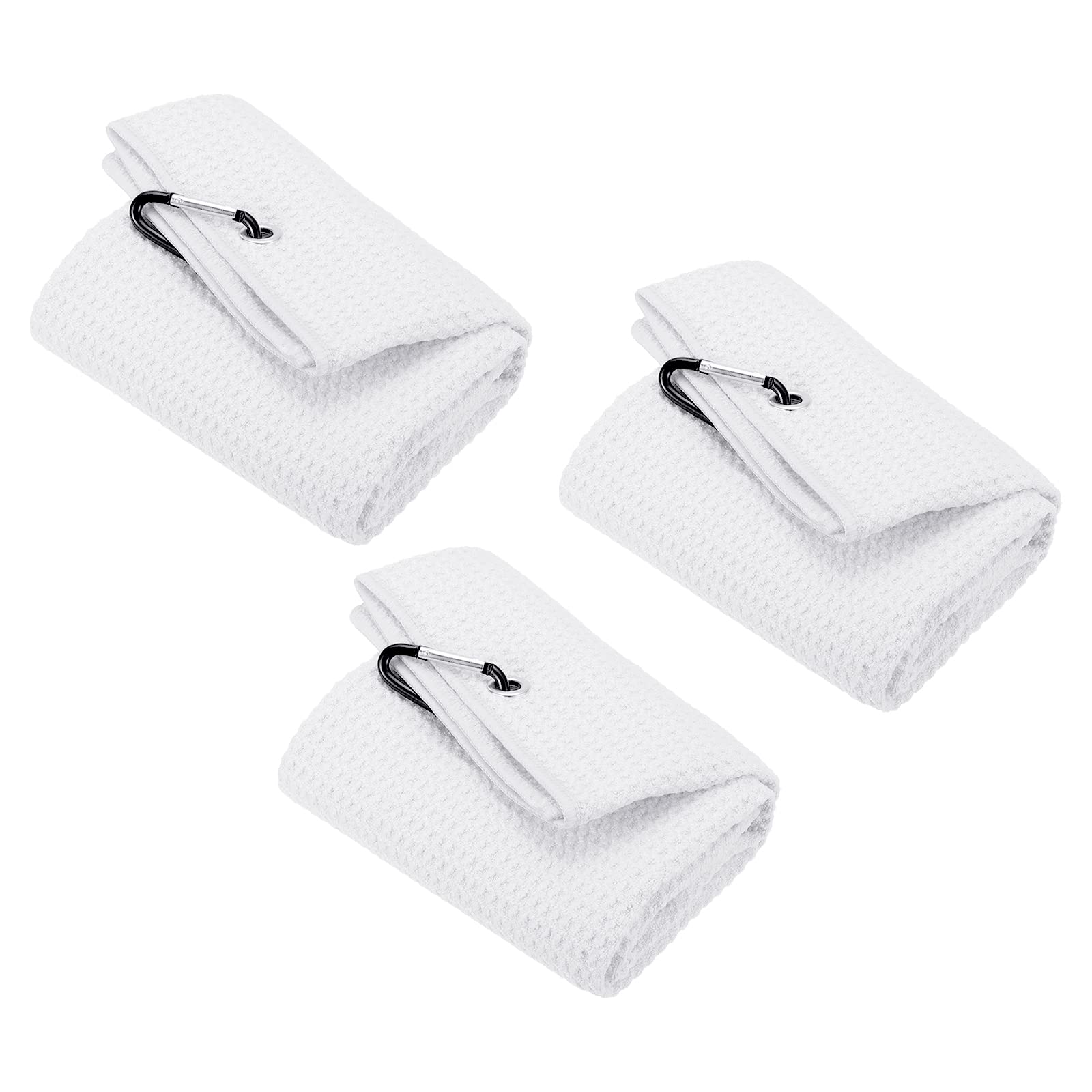 PATIKIL 20"x16" Tri-Fold Golf Towels, 3 Pack Waffle Pattern Towels Soft Fiber Strong Water Absorption with D Clip for Golf Lovers, White
