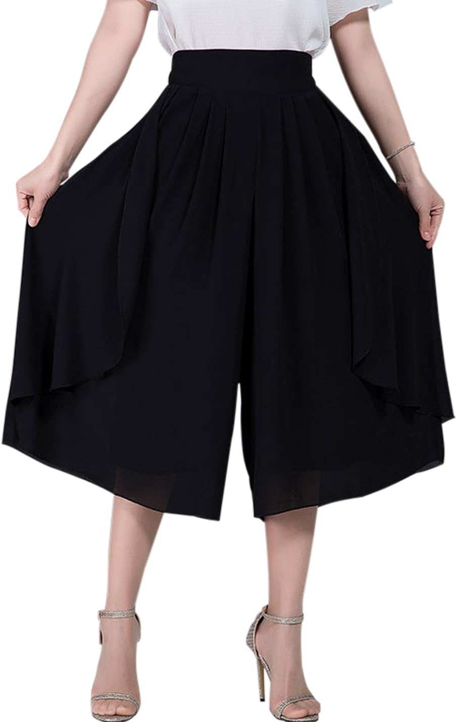 Women's High Elastic Waist Pleated Chiffon Wide Leg Capri Pants Culottes