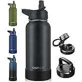 CIVAGO 32 oz Insulated Water Bottle With Straw, Stainless Steel Sports Water Cup Flask with 3 Lids (Straw, Spout and Handle Lid), Wide Mouth Travel Thermal Mug, Black