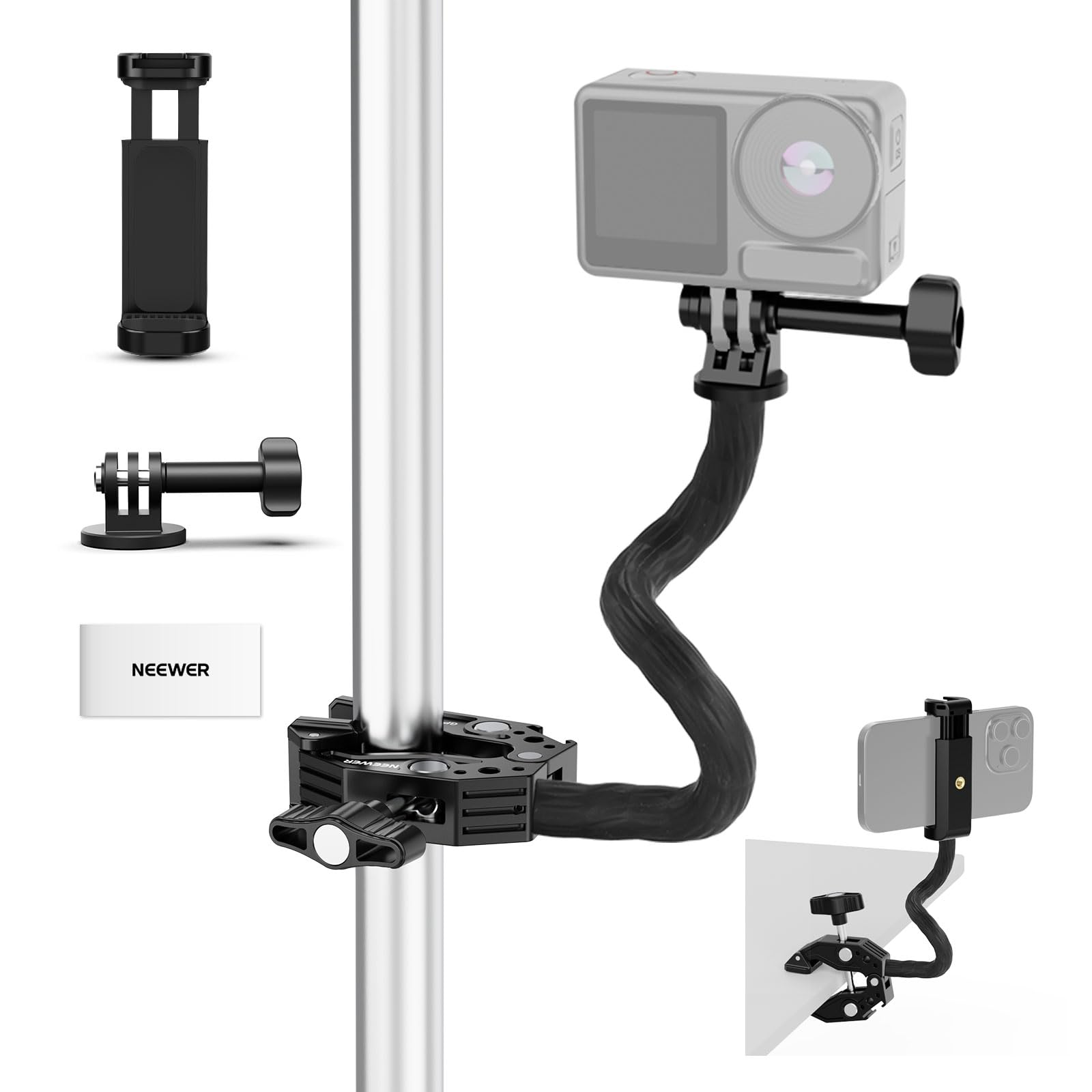 Photo 1 of Neewer Action Camera Mount Kit with Super Clamp, Soft Tube, Adapter, Phone Holder for Flat/Round Surfaces, Compatible with GoPro, Insta360, DJI Action Camera, Smartphone