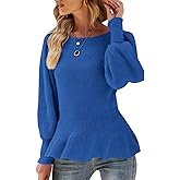 Womens Fall Puff Sleeve Peplum Casual Slim Fit Knit Pullover Sweater Jumper Tops